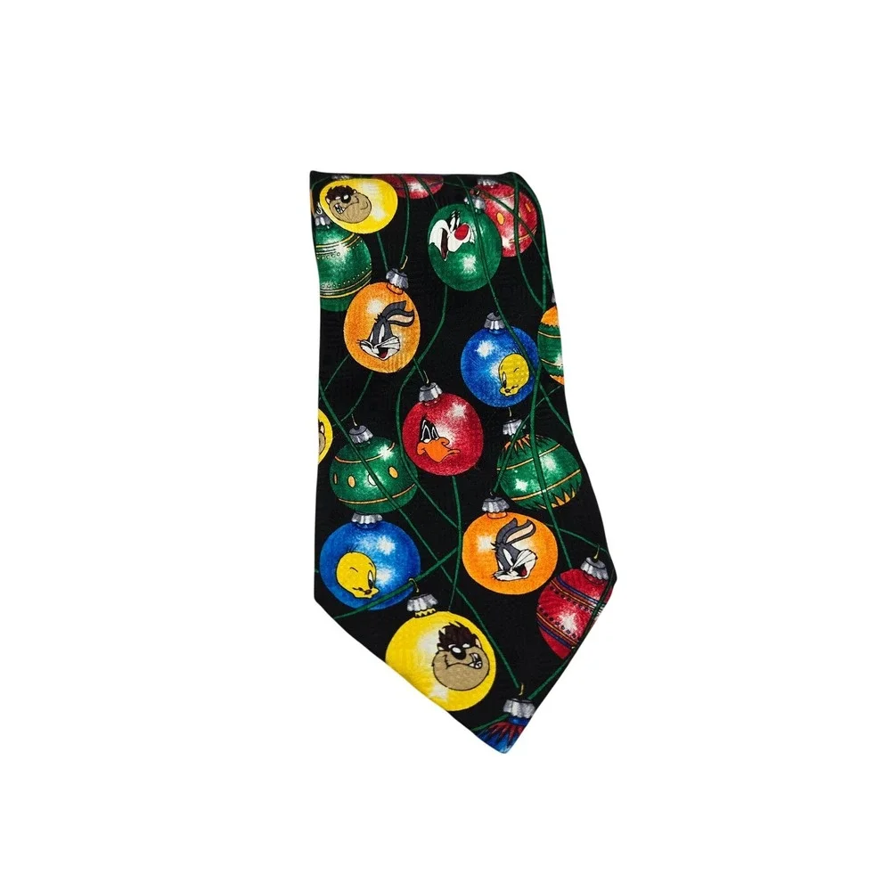 Vintage Looney Tunes Necktie Mens Black 1995 Christmas Ornaments Silk Holiday